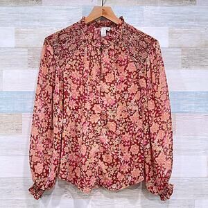 JOIE Floral Ruffle Smocked Sheer Blouson Sleeve Top Burgundy Gold Foil Womens XS